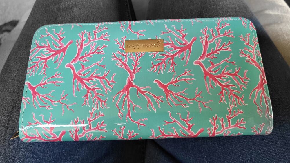Simply Southern Blue and Pink Coral Clutch / Wallet Zippered EUC